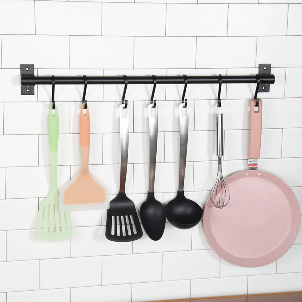 Black Kitchen Rack Wall Mounted Pantry Bar with Hook Kitchen Shelf for Kitchenware Utensil Tool Storage Pantry Sundry Rack