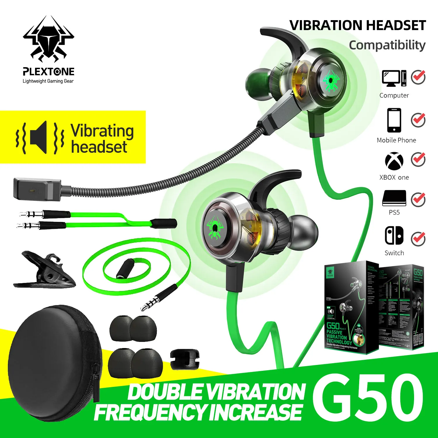 PLEXTONE G50 Vibration Earphones Gaming Headphone Stereo Earbuds PC Headset with Detachable Long Mic for PUGB，Mobile Legend |