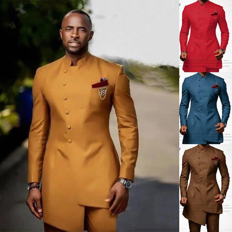 Indian Wedding Men Suit Set Tailor-made Slim Fit Gold Robe Blazer Pants 2Pcs 20 Colors
