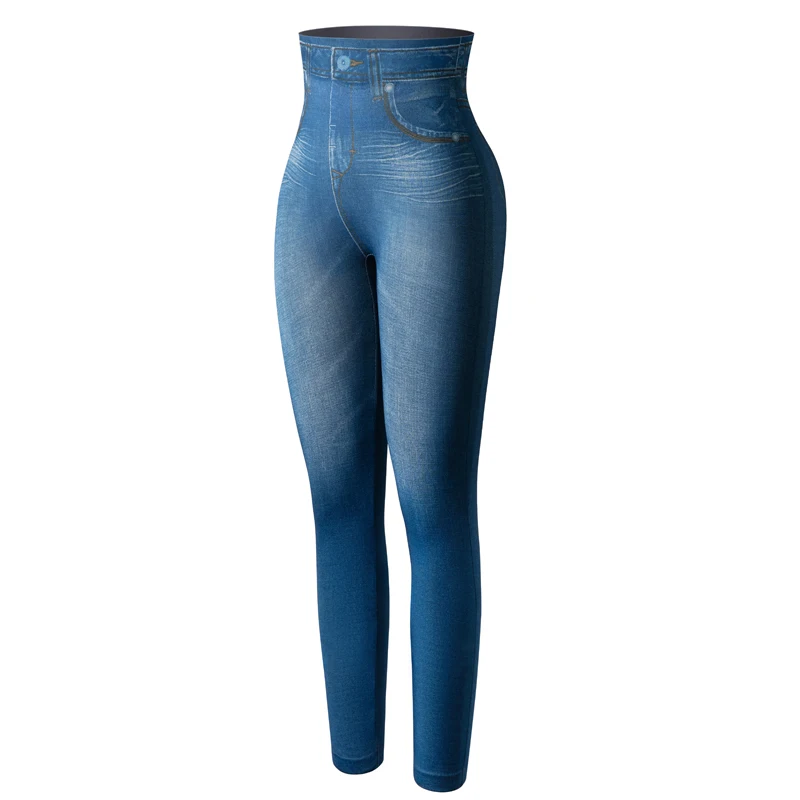 Леггинсы из искусственного денима с высокой талией, модные обтягивающие женские леггинсы, сексуальные длинные джинсы с карманами, лосины для фитнеса с принтом, повседневные узкие брюки - Цвет: Blue