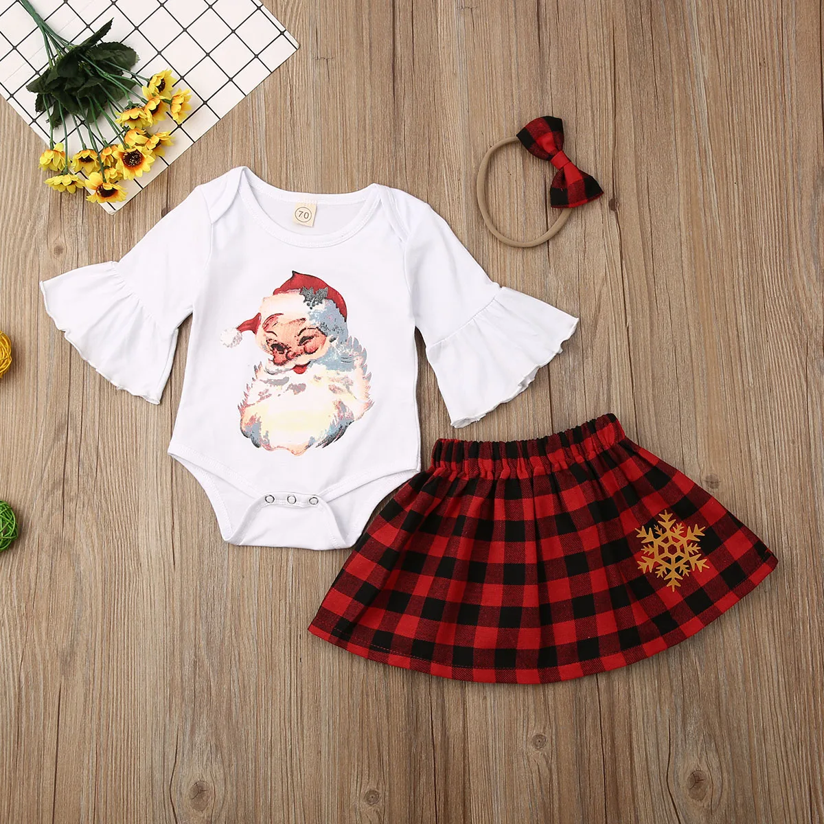 Pudcoco/Одежда для новорожденных девочек Рождественский комбинезон с длинными рукавами и расклешенным принтом, топы, мини-юбка-пачка повязка на голову, комплект одежды из 3 предметов