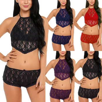 

Sexy Underwear Women Lace Bralette Bra Brief Set Lingerie With Thong Seamless Wire Free Sexy low-Rise lace mesh soft Q60