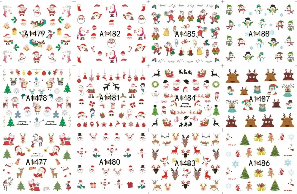 12 листов, красивые рождественские переводные наклейки для ногтей, наклейки для ногтей, украшения для ногтей, маникюрные инструменты, дизайн Санта-Клауса, снеговика