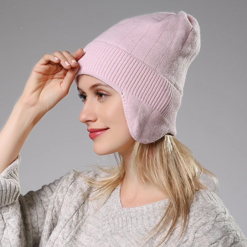 light pink Повседневные зимние вязаные шапки для женщин; модные теплые вязаные наушники из кроличьей шерсти; мягкие шапки для девочек; высокое качество; Fem - Цвет: light pink
