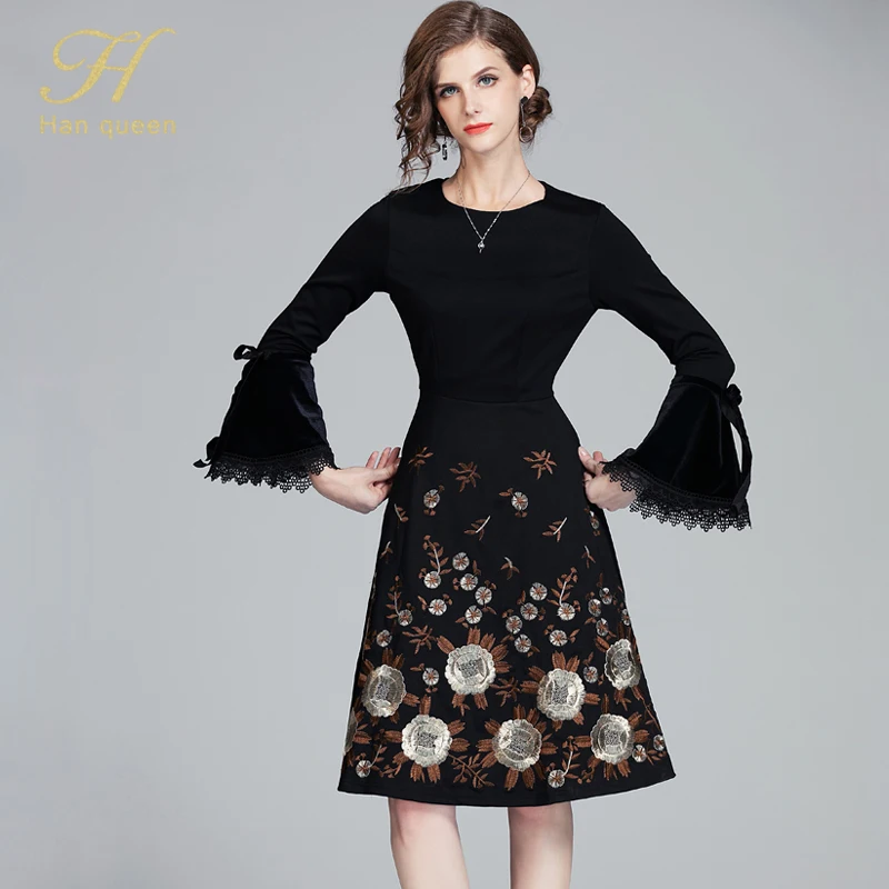 H Han queen весеннее вышитое винтажное платье, большое свободное ТРАПЕЦИЕВИДНОЕ элегантное тонкое женское платье Vestido, женское повседневное вечернее платье - Цвет: BLACK