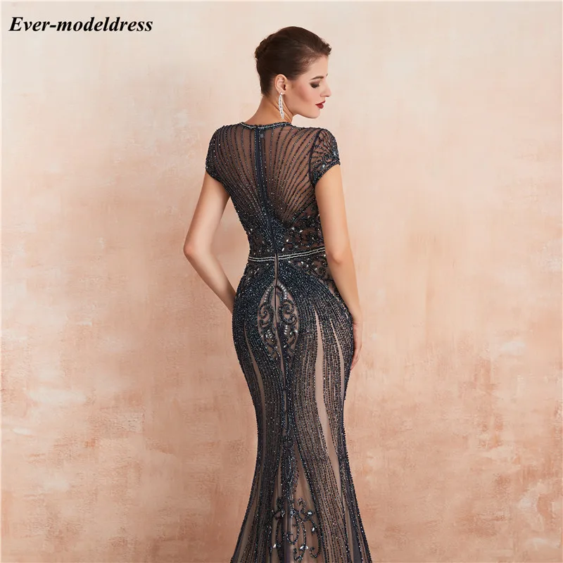 Luxury Mermaid Evening Dresses Major Beading Illusion Zipper Back Sweep Train Prom Occasion Gowns Vestido De Festa