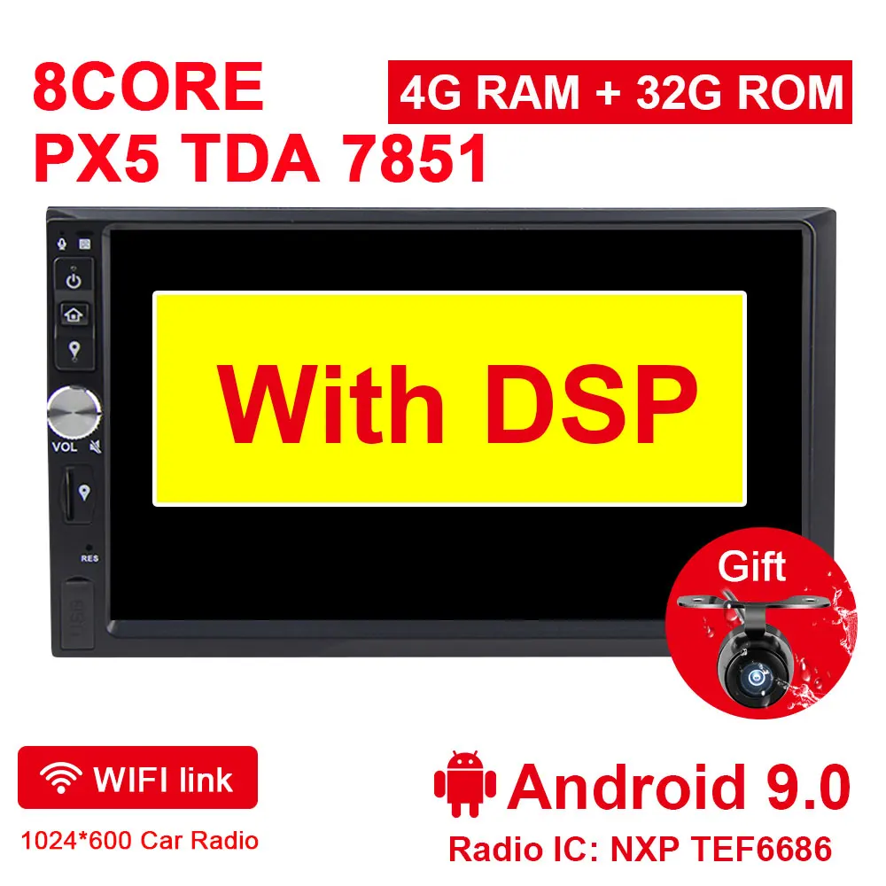 PX5 with DSP Eunavi 2 Din 7 ''Восьмиядерный Универсальный Android 9,0 4 Гб ram автомобильный Радио Стерео gps навигация WiFi 1024*600 сенсорный экран 2din без DVD - Цвет: PX5 with DSP