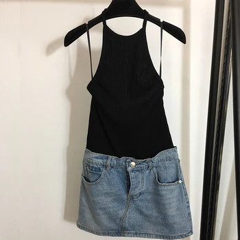 

Sexy backless denim and knitted dress high street luxury design women dresses patchwork spaghetti strap cotton holiday dress