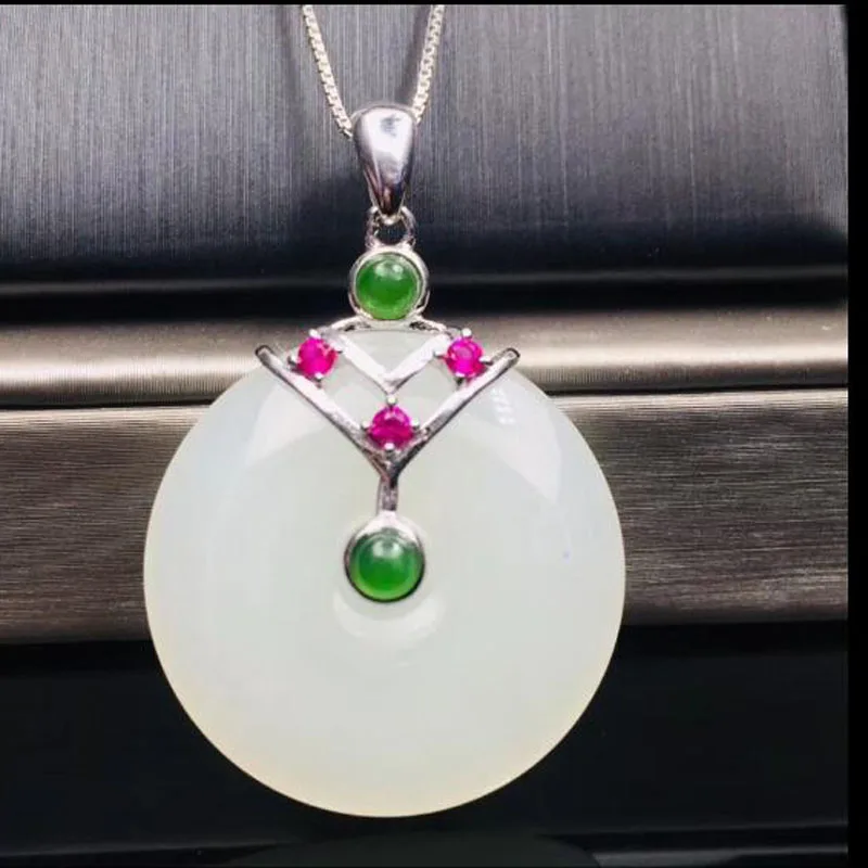Natural Hetian White Jade 925 Silver Round Safety Button Inlay Color Pattern Pendants Fine Jewelry Women Party Necklace | Украшения и