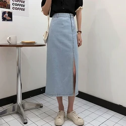 2022novo verão feminino uma linha mid calf denim saias mulheres magro cintura alta dividir comprimento saias tamanhos causal jeans saias