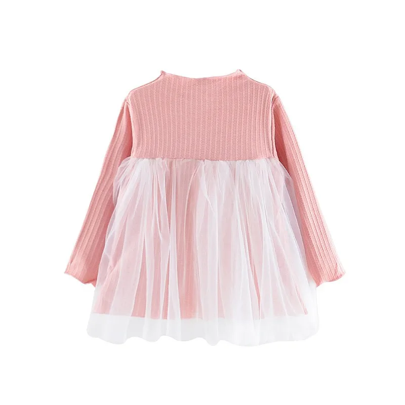 Casual Baby Girls Dress Solid Print Mesh Dress Cotton Kids Toddler Long Sleeve Sundress