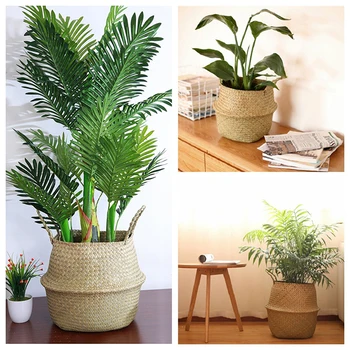 

Foldable Hanging Flower Pot Home Garden Seagrass Wickerwork Basket Storage Basket Rattan Planter Woven Dirty Laundry Basket