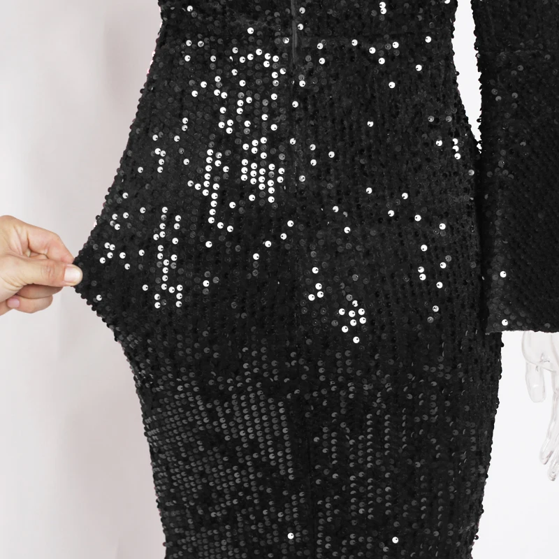 Черный блестками бархатное платье миди Русалка с расклешенными рукавами Bodycon осень зима вечерние платья