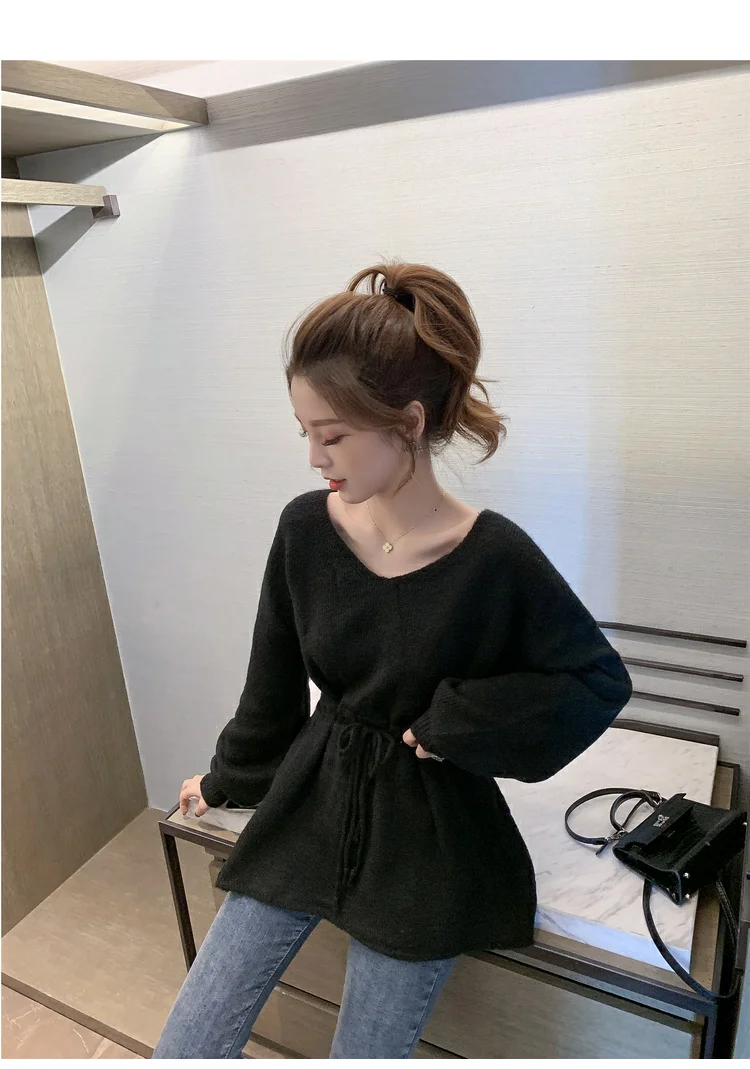 Мягкий удобный женский свитер, корейский стиль, v-образный вырез, шнуровка, талия, рукав-фонарик, вязаный пуловер, трикотаж, черный, бежевый цвет, T376