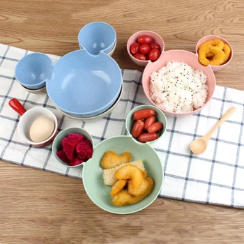 

Baby Feeding Plate Cartoon Bowl and Spoon Training Dinnerware Infant Children Food Grade Eco-wheat Straw Baby Dishes Kids Plate