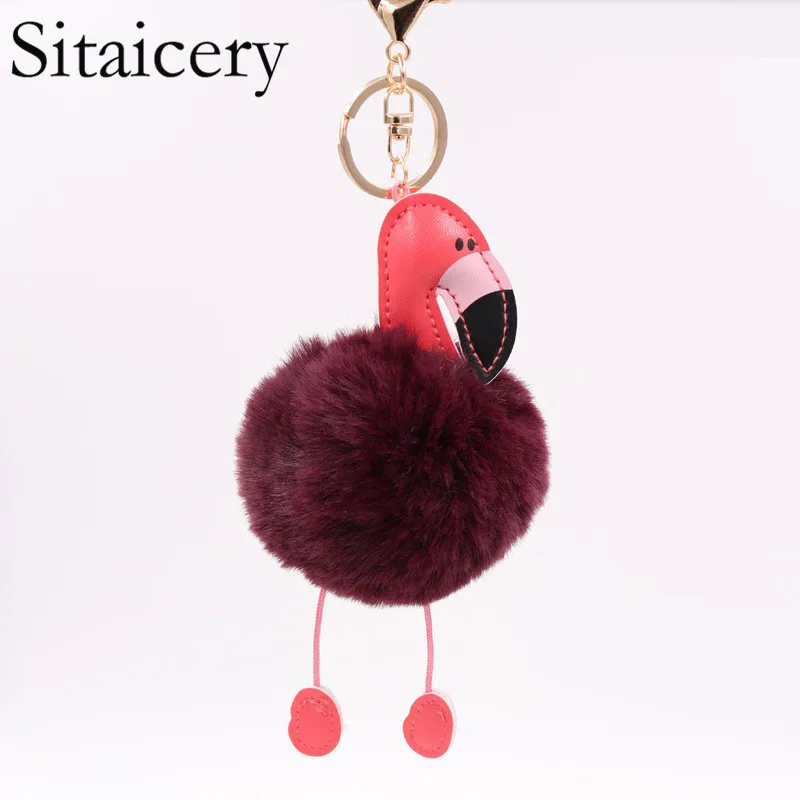 

Sitaicery 2019 Llaveros Cute Keychain Flamingo Key Chain Fluffy Fake Rabbit Fur Ball Pompon Key Ring Small Pendant Women Trinket