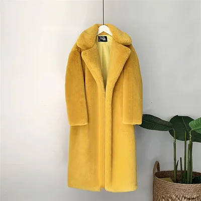 Зимнее женское пальто из искусственного меха, цветное, новинка, женское, корейское, толстое, длинное, с отложным воротником, роскошное, меховое пальто, тонкое, теплое, меховое пальто - Цвет: Золотой