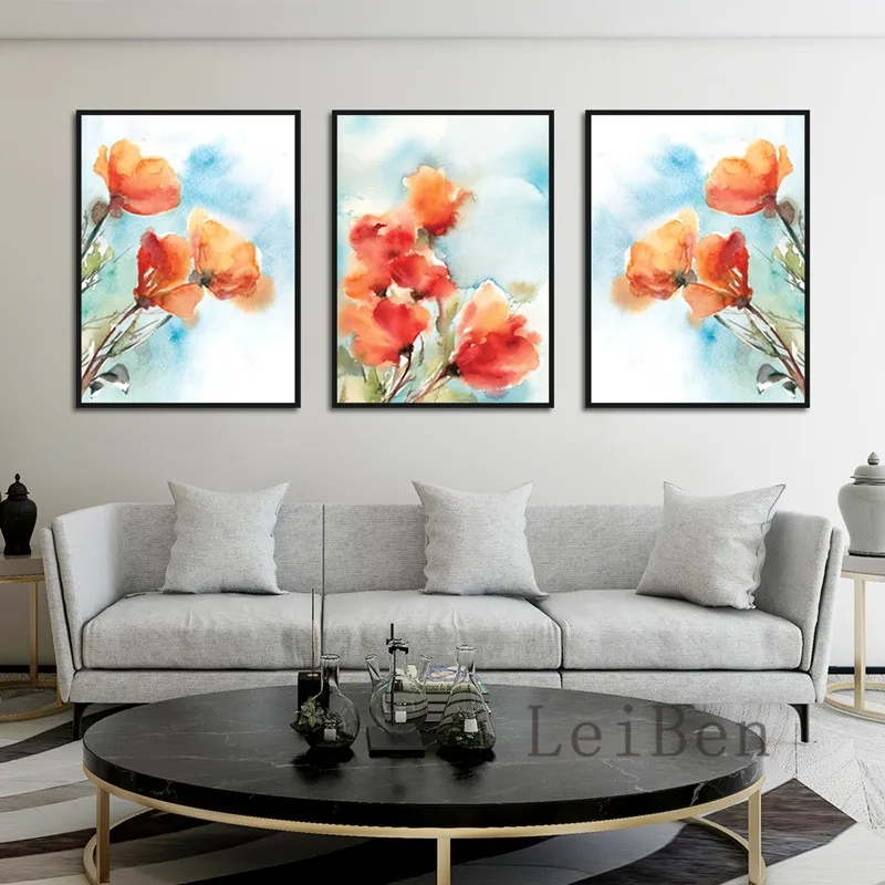 Синий и белый цветущие Акварельные Цветы плакат красивый оранжевый букет