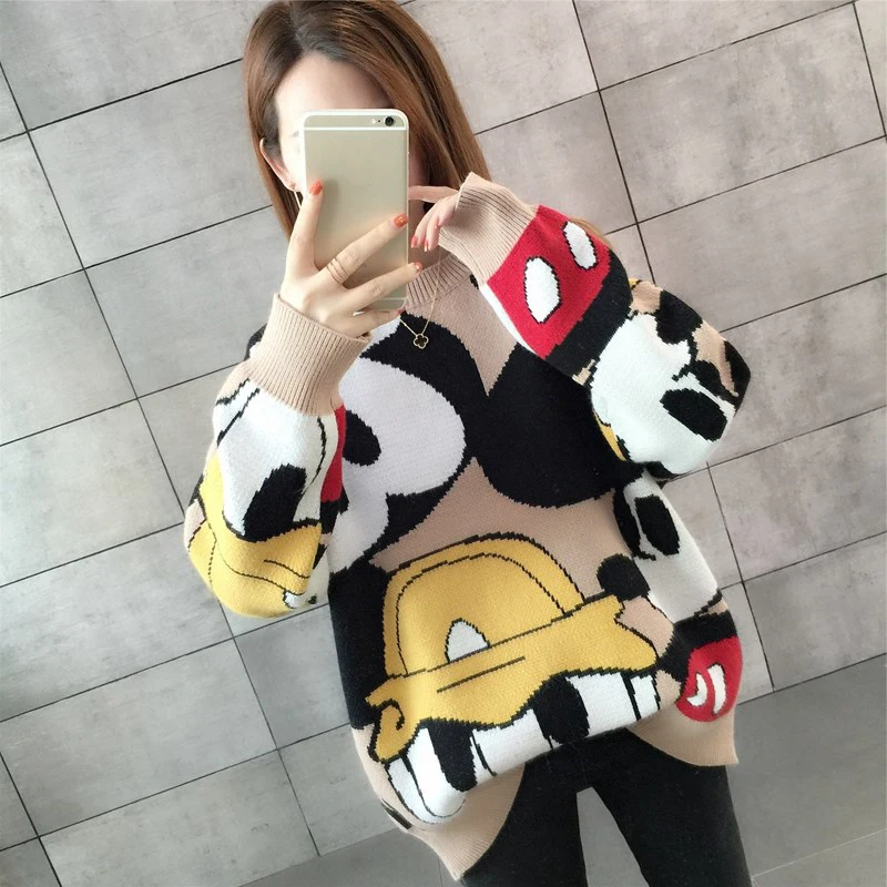 

New Autumn winter Black women sweater Korean Cartoon loose sweater pullover fashion girl clothes tops