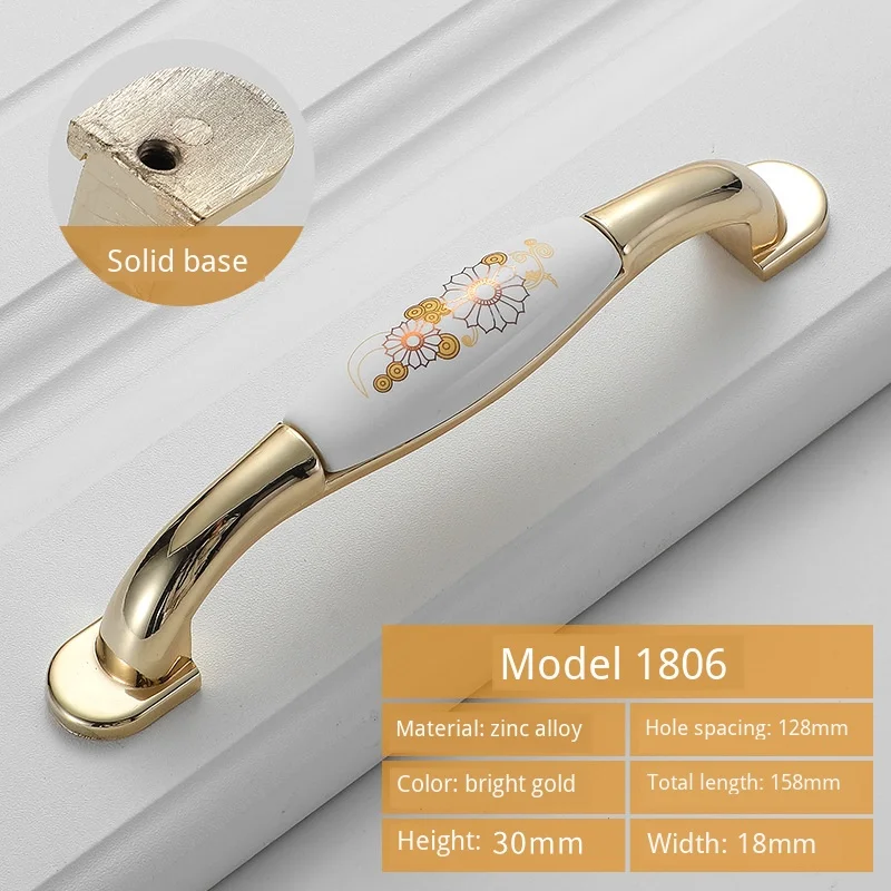 JD European Cabinet Wardrobe Door Single Hole Handle Gold Ceramic Handle Modern American Flower Pattern Drawer Furniture Handle - Цвет: 1806-C.C128mm