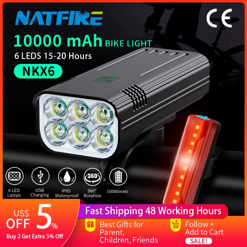 Lumière de vélo avant 8/17LED 25500 lumens, lampe de vélo 10000mAh