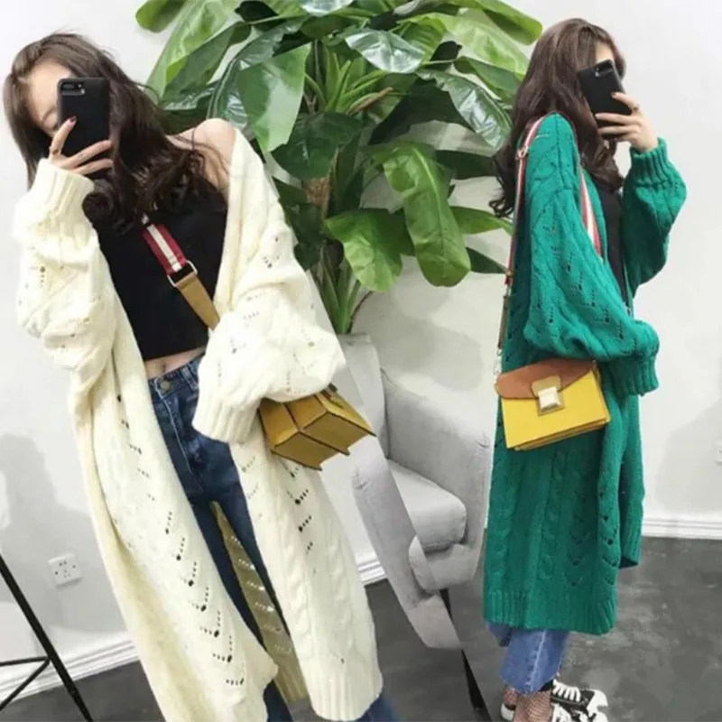 

2019 Sweater Women Cardigan Autumn Loose Large Size Korean Lantern Sleeve Hollow Out Spring Long Knitted Sweaters Jacket XA78