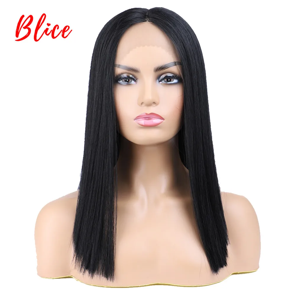 Blice Short Bob Lace Front Synthetic Hair Wigs 1B# Black Yaki Straight Middle Part Wig for Women blice synthetic yaki straight wig lacetop line 18 inch women wig hollow out cap inside kanekalon fiber pure color wigs