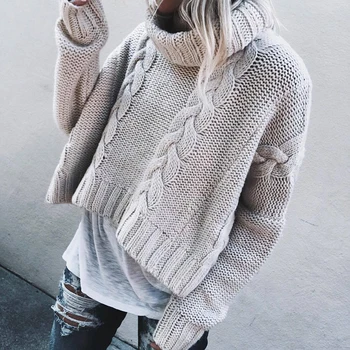

Women's Turtleneck Sweater Chunky Knitted Baggy Oversize Jumper Tops Gray Solid Long Sleeve Casual Autumn Winter