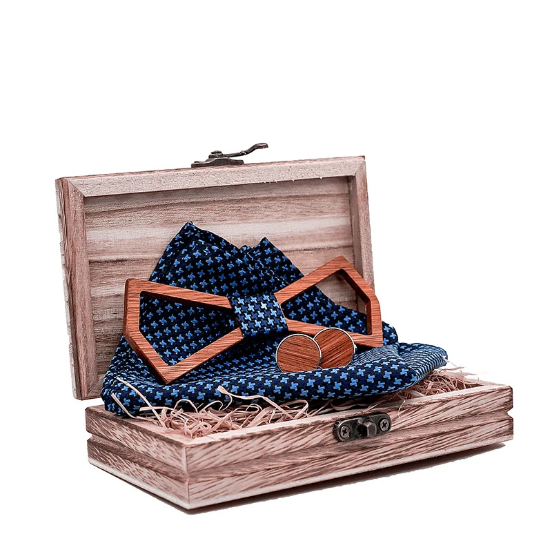 

Sitonjwly Novelty Mens Suits Wooden Bowtie Hollow Carved Wood Bow Tie Handkerchief Cufflinks Sets for Wedding Papillon Corbatas
