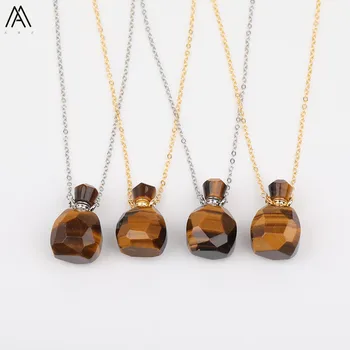 

Natural Tiger Eye Stone Perfume Bottles Pendants Necklace Women Gold Silvery Chains Diffuser Necklace Jewelry Free Bottles Gift