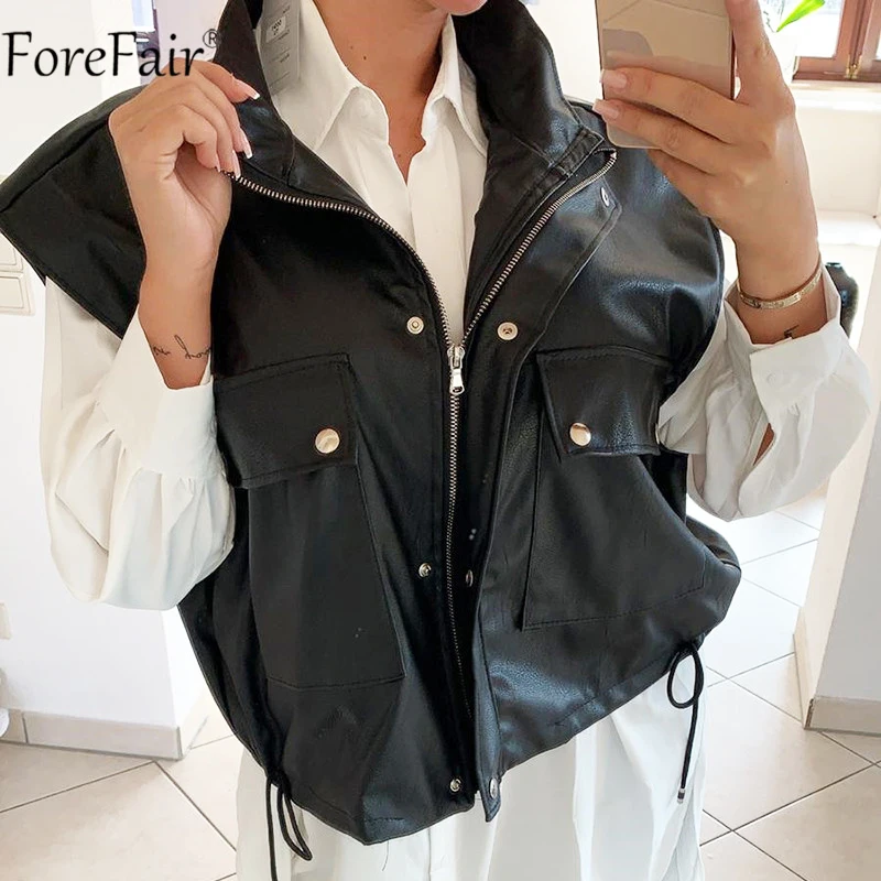 Forefair 2021 Sleeveless Pu Leather Jacket Pockets Women Button Zipper Fashion Coat Bandage Autumn Winter Outwear Jackets Ladies