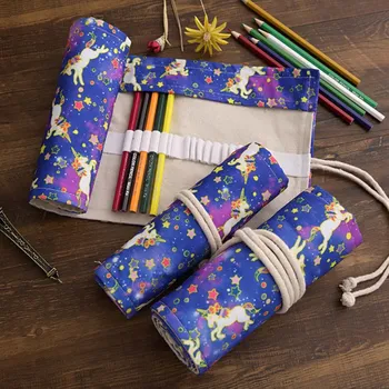 

36/48/72 Holes Unicorn Canvas Roll Up Makeup Pencil Bag Wrap Curtain Pen Case Holder Storage Pouch School Supplies 1PCS
