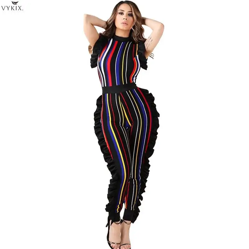 

Spring Rainbow Colorful Stripe Ruffle Sexy Jumpsuit Women Romper O Neck Sleeveless Casual Clearance Sale Cheap Women Overalls