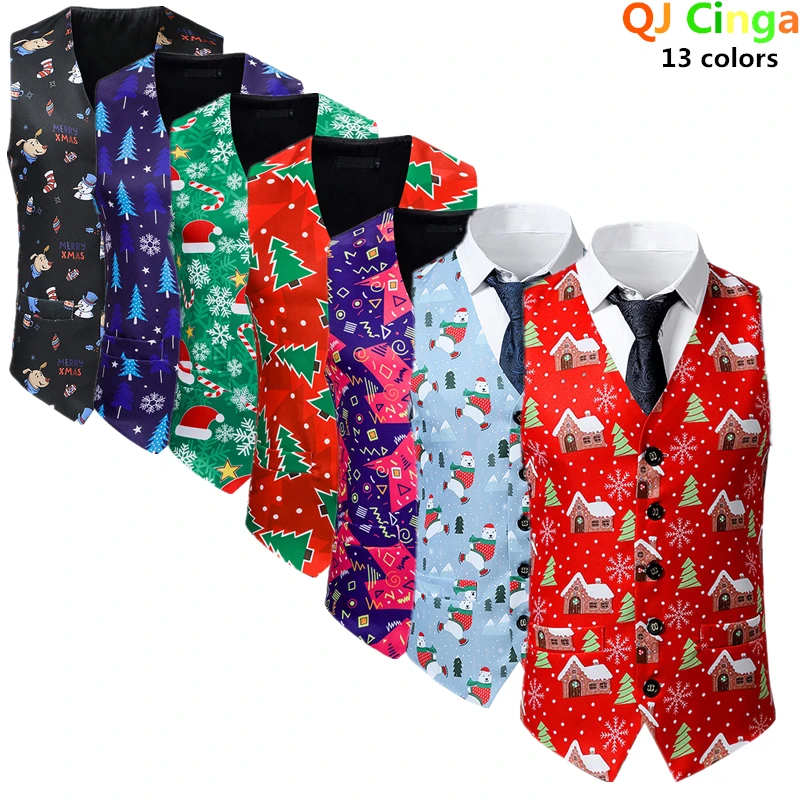 Gilet Imprimé De Noël Pour Hommes, Manteau Sans Manches, Col En V