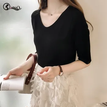 

Women Tops 2019 New Solid Color Thin Knitwear Sweater Korean Style Loose Casual Half Sleeve V-neck Sweater