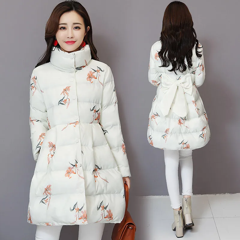 

2019 Winter New Style Loose-Fit Slimming Mid-length Cotton-padded Clothes Women's Korean-style Fashion Large Size Printed Slim F