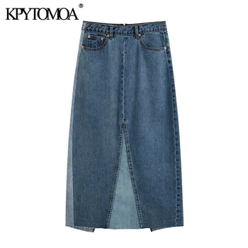 

KPYTOMOA Women 2020 Chic Fashion Office Wear Patchwork Denim Midi Skirt Vintage Back Zipper Vents Female Skirts Faldas Mujer