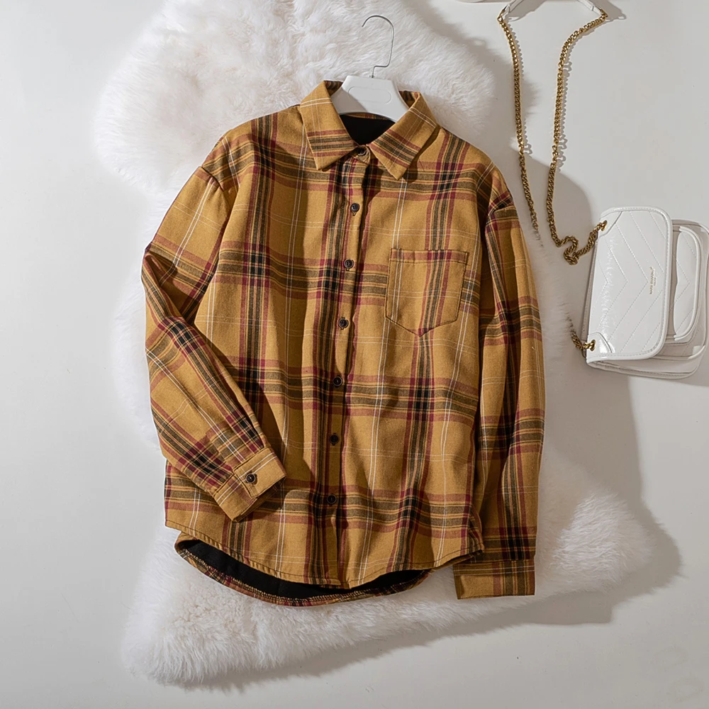 

Cthink Winter Fur Lining Thicken Plaid Blouses Casual Turn Down Collar Women's Blouse 4 Colors Cold Snow Winter Shirts For Woman