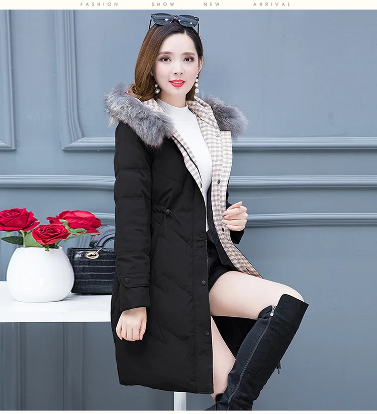 Стиль Женская пуховая куртка Зимняя мода Slim Fit большой меховой воротник с капюшоном средней длины холодной теплое пальто