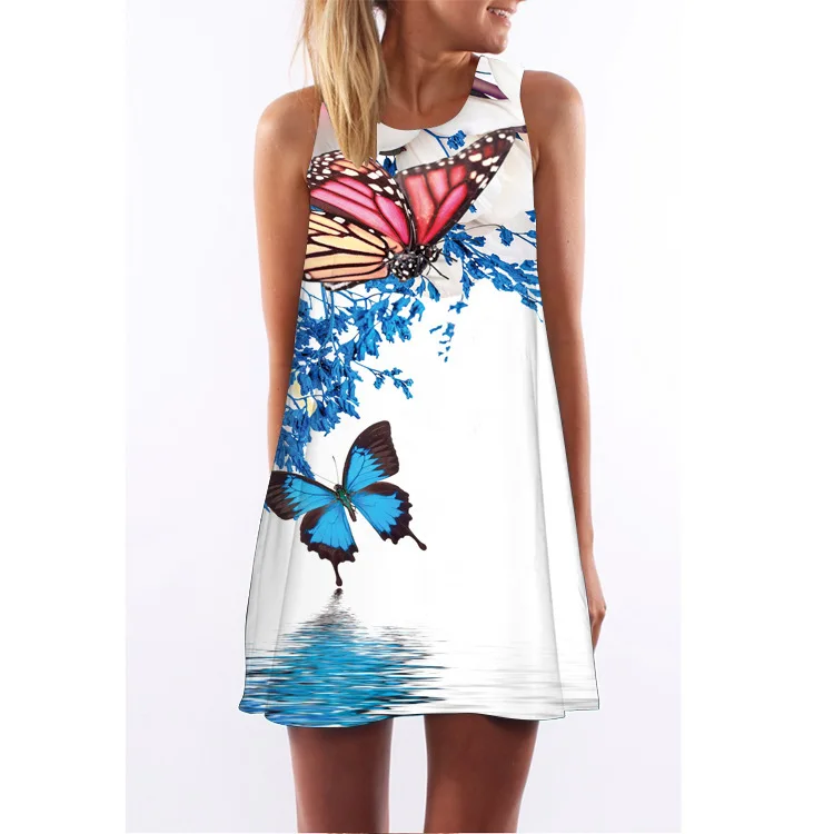 

Women's Summer Sleeveless Dress Color Butterfly Digital Printing Crew Neck Hot Selling Hot Sales off-Shoulder Medium-length Vest