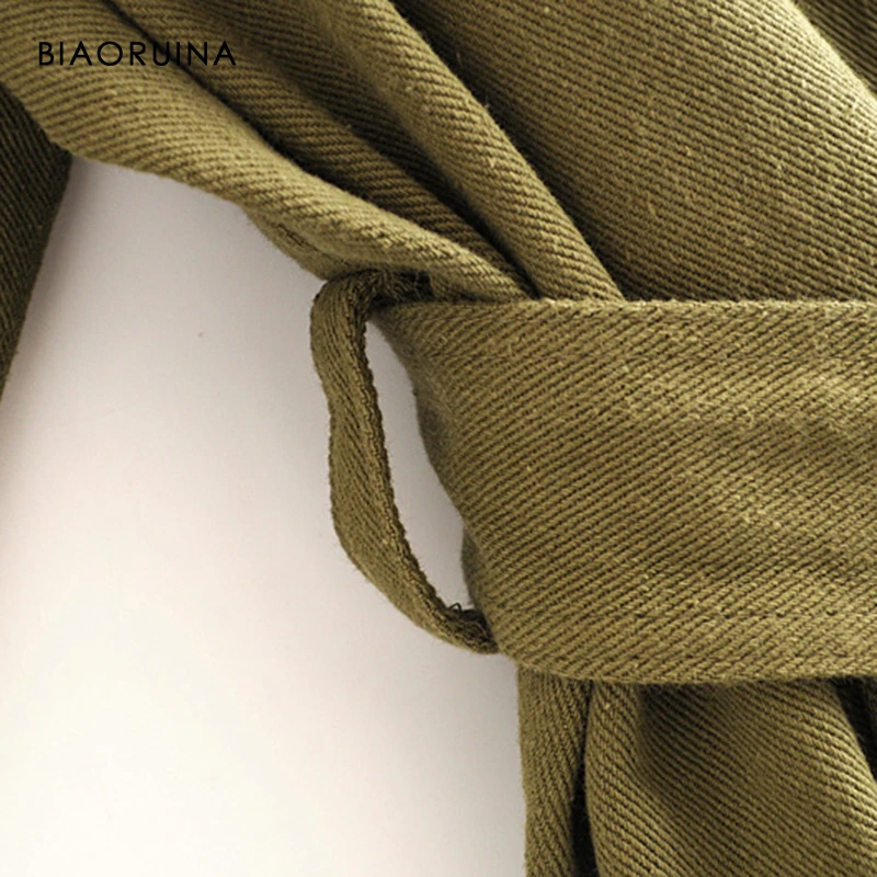 BIAORUINA женский стиль сафари Негабаритных хлопок смесь длинная куртка пальто с поясом женский однобортный модная верхняя одежда