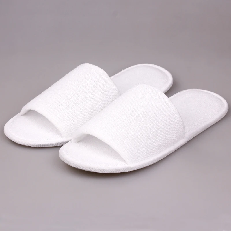 Hot Sale 5 Pair Disposable Slippers Portable White Towelling Sap Hotel Guest Slippers Disposable Open Toe Towelling Guest Shoes