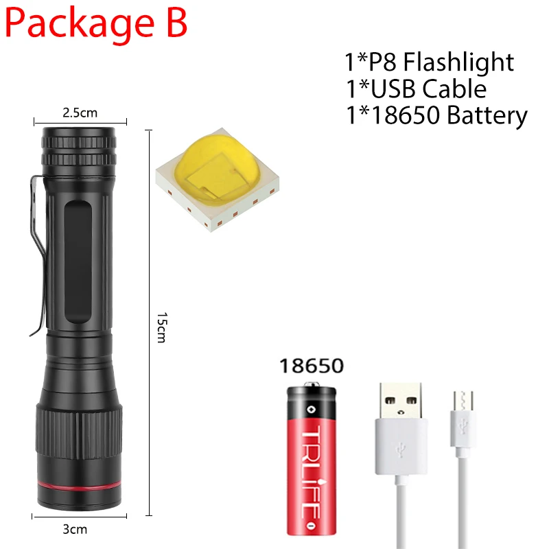Package B Супер яркий светодиодный фонарик с зумом, портативный супер яркий фонарь, перезаряжаемый через USB, водонепроницаемая лампа, пресс-переключатель, аккумулятор 18650 - Испускаемый цвет: Package B