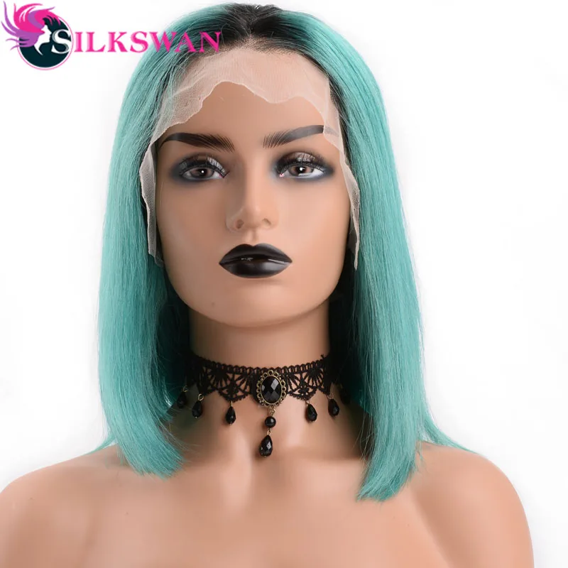 Silkswan, прямые, Омбре, цвет, 13*4, парик на кружеве, 180 плотность, бразильские волосы remy, предварительно выщипанные, Боб, парики, швейцарское кружево, средняя часть - Цвет: 1B Blue