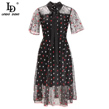 

LD LINDA DELLA Summer Fashion Designer Dress Women Short Sleeve Bow Flowers Embroidery Lace Patchwork Ladies Elegant Midi Dress