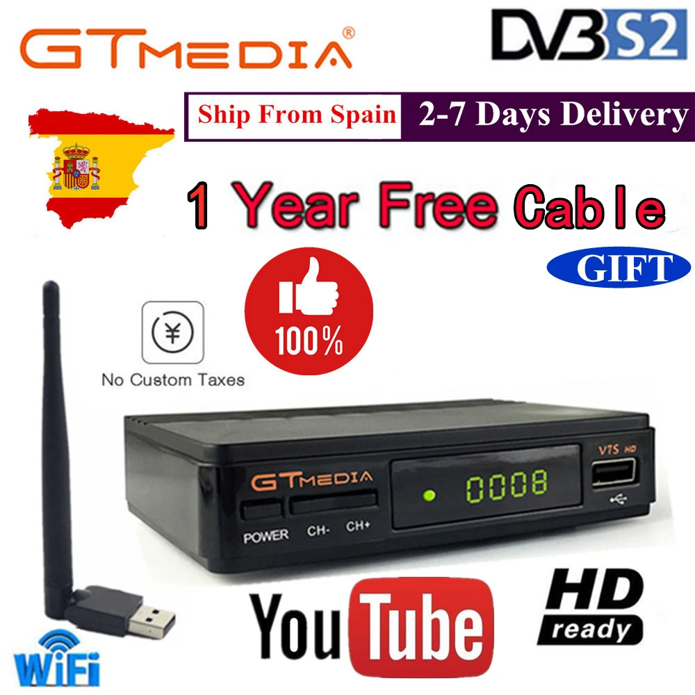 

Satellite TV Receiver Gtmedia V7S HD Receptor Support Europe Channels for Spain DVB-S2 Satellite Decoder V7S HD Network Sharing