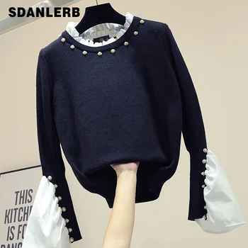 

Pearl Bead Stitching Ruffles Pullover Sweater Women's Autumn 2019 New Loose Fashion Black Knitted Sweater Short Sweatshirt Femme