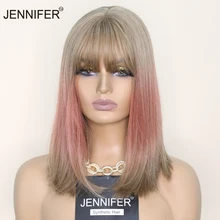 

Synthetic Wigs Medium length Straight Bob Wigs With Bangs White tea/Pink 2 color Full Mechanism wigs shoulder-length Cosplay