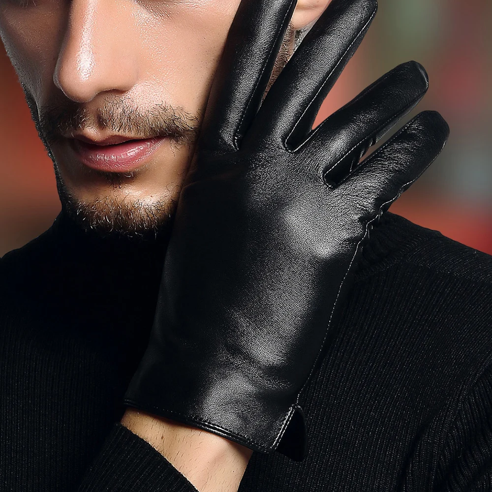 

Genuine Leather Gloves Male Simple Black Sheepskin Gloves Spring Autumn Thin Style Driving Glove Touchscreen 2630