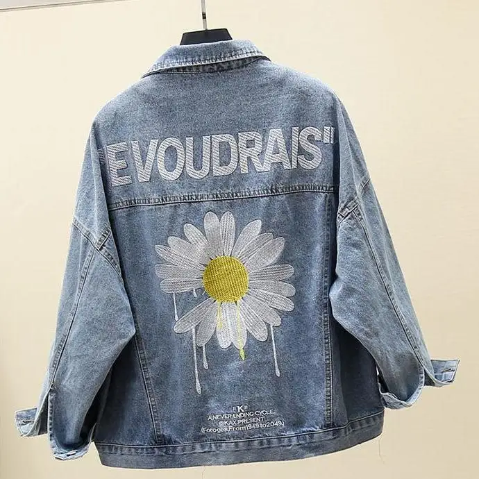 

Women's denim jacket 2020 solid color casual blue jacket autumn loose Embroidery Flower denim jacket